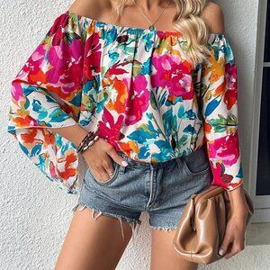 Multicolor Boho Womens Floral Print Off Shoulder Trumpet Sleeve Blouse